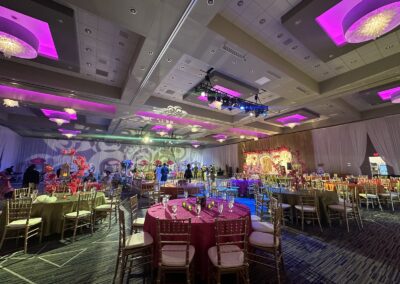 Olathe Conference Center set up for a fancy wedding with many flowers